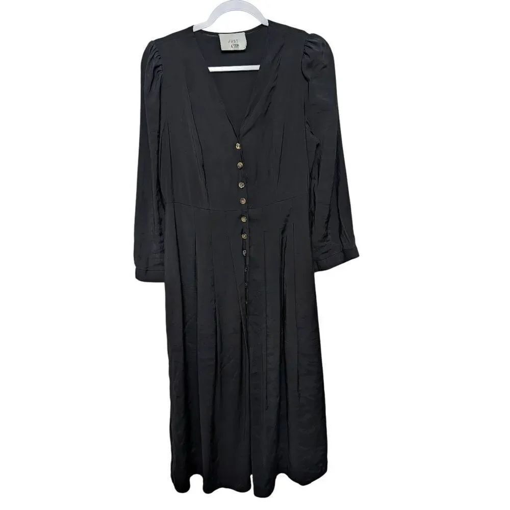 JUST midi v-neck button down black dress long sleeve